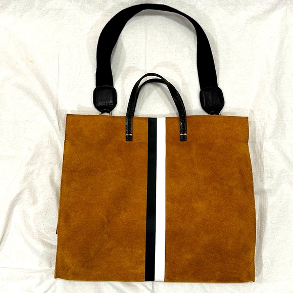 Clare V. Simple Tote - Camel Suede w/ Black & White Stripe + Shoulder Strap - Picture 4 of 8